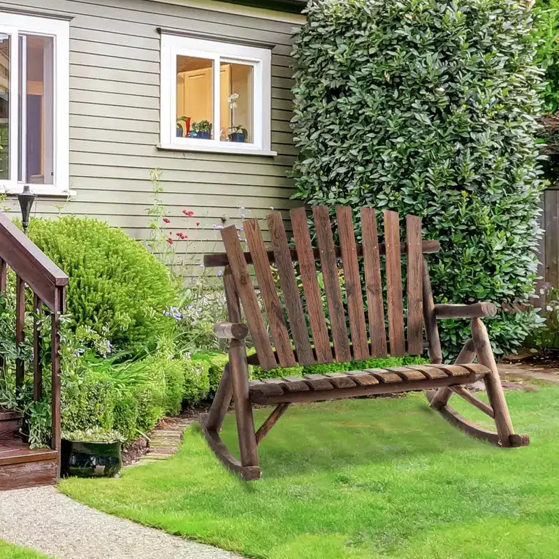 Outsunny Outdoor Adirondack Rocking Chair with Log Slatted Design, 2-Seat Patio Wooden Rocker Loveseat with High Back for Lawn Backyard Garden