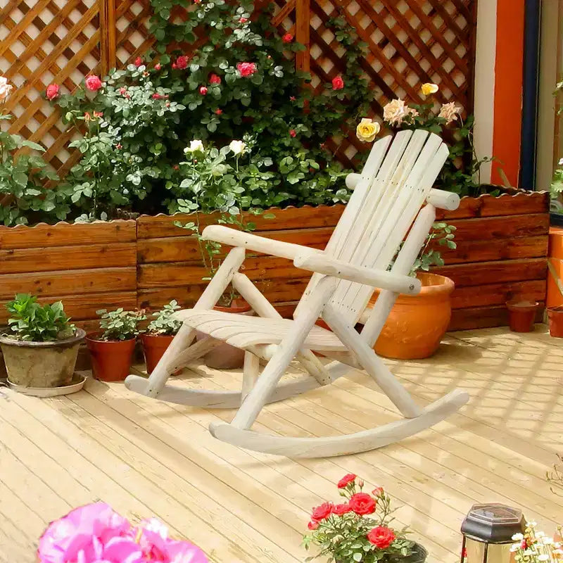 Outsunny Wooden Adirondack Rocking Chair, Outdoor Rustic Log Rocker with Slatted Design for Patio