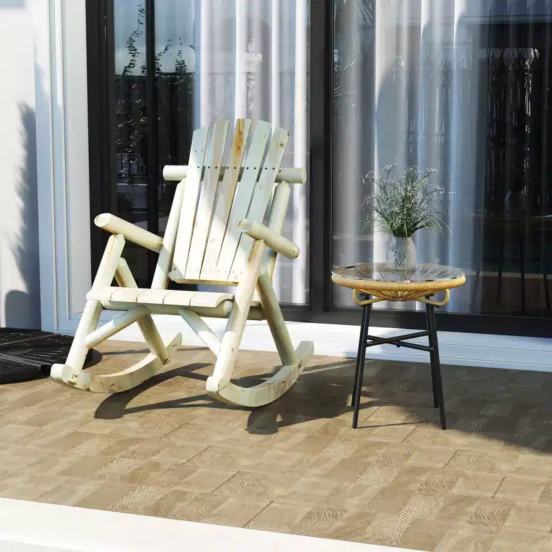 Outsunny Wooden Adirondack Rocking Chair, Outdoor Rustic Log Rocker with Slatted Design for Patio