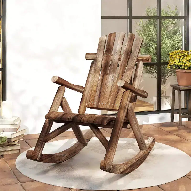 Outsunny Wooden Adirondack Rocking Chair, Outdoor Rustic Log Rocker with Slatted Design for Patio