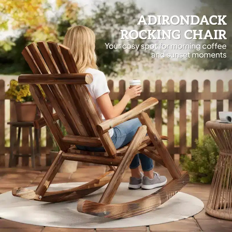 Outsunny Wooden Adirondack Rocking Chair, Outdoor Rustic Log Rocker with Slatted Design for Patio