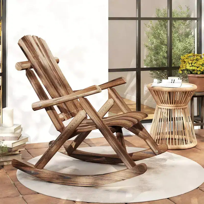 Outsunny Wooden Adirondack Rocking Chair, Outdoor Rustic Log Rocker with Slatted Design for Patio