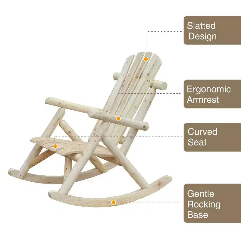 Outsunny Wooden Adirondack Rocking Chair, Outdoor Rustic Log Rocker with Slatted Design for Patio