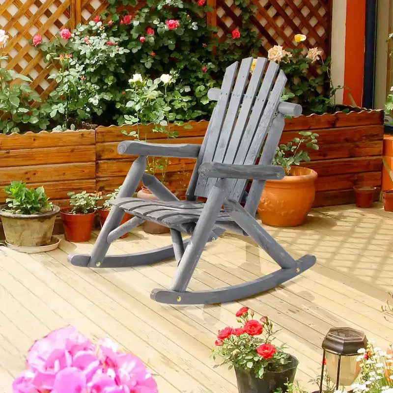 Outsunny Wooden Adirondack Rocking Chair, Outdoor Rustic Log Rocker with Slatted Design for Patio
