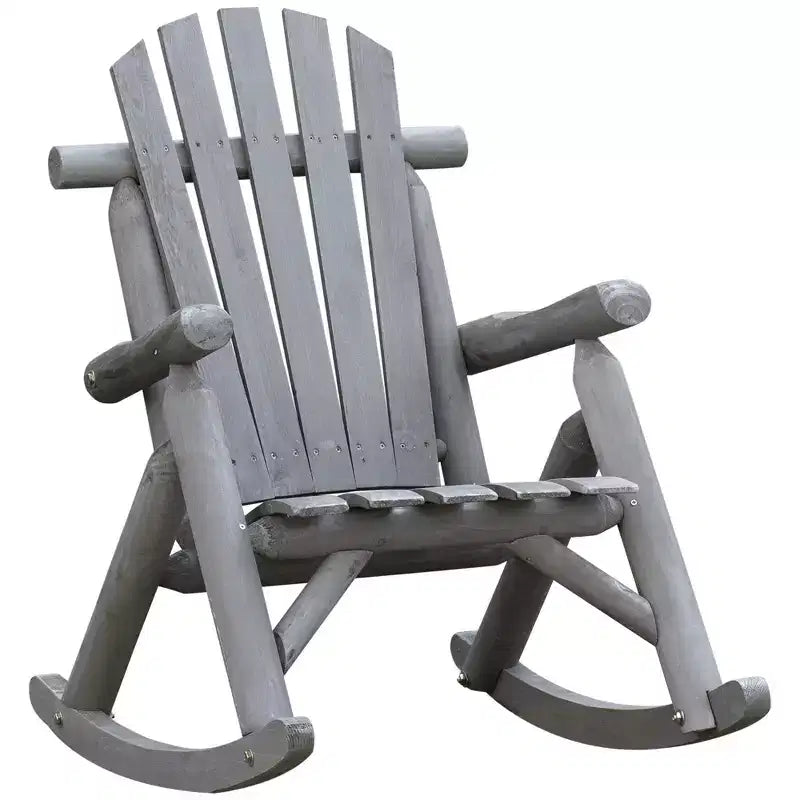 Outsunny Wooden Adirondack Rocking Chair, Outdoor Rustic Log Rocker with Slatted Design for Patio