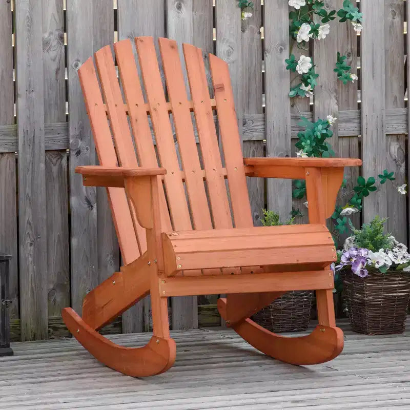 Outsunny Rustic Wooden Adirondack Rocking Chair Outdoor Lounge Chair Fire Pit Seating with Slatted Wooden Design for Patio, Backyard