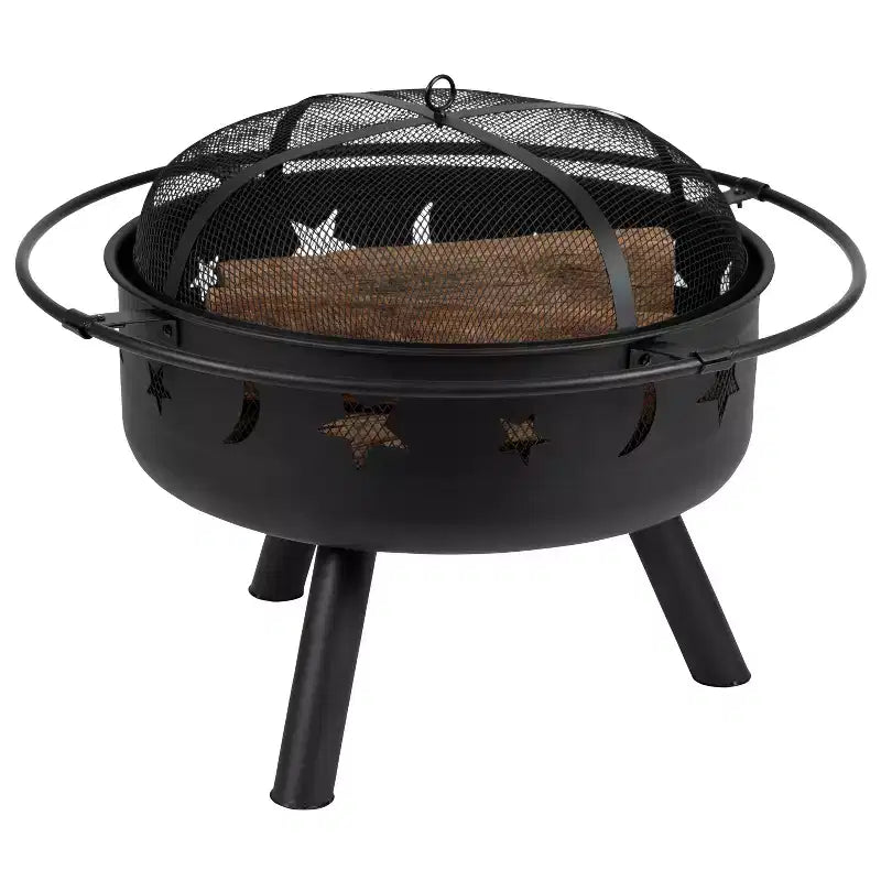 Emma and Oliver Three Piece Hartford Camping Set with Two Faux Wood Adirondack Chairs and Star and Moon Fire Pit with Mesh Cover