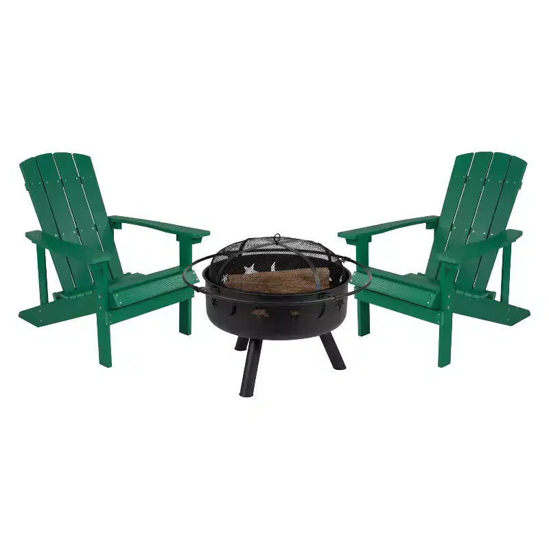 Emma and Oliver Three Piece Hartford Camping Set with Two Faux Wood Adirondack Chairs and Star and Moon Fire Pit with Mesh Cover