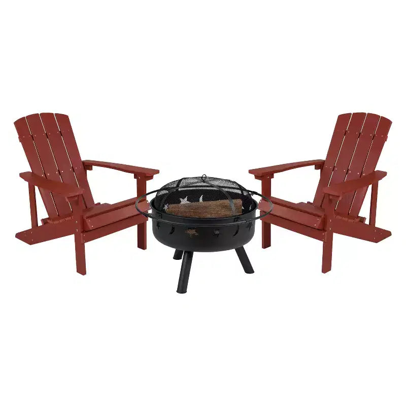 Emma and Oliver Three Piece Hartford Camping Set with Two Faux Wood Adirondack Chairs and Star and Moon Fire Pit with Mesh Cover