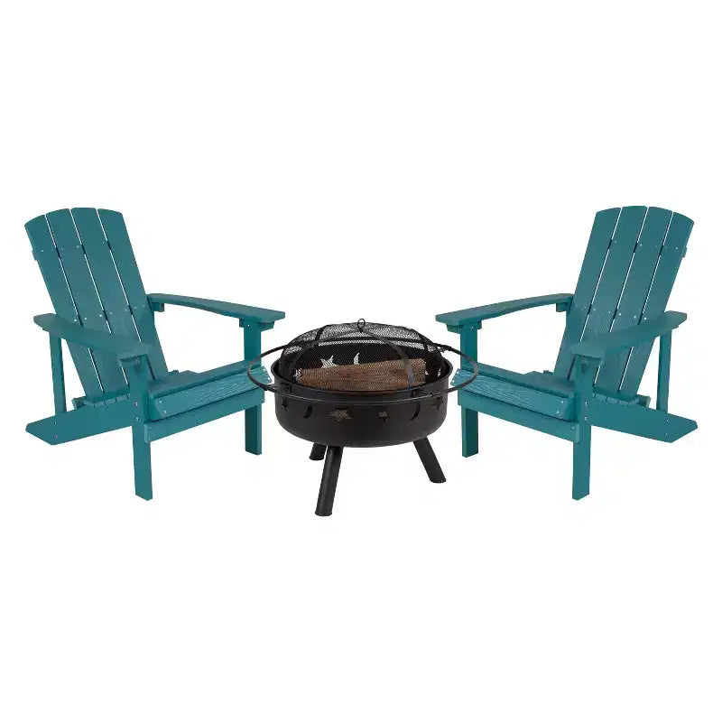 Emma and Oliver Three Piece Hartford Camping Set with Two Faux Wood Adirondack Chairs and Star and Moon Fire Pit with Mesh Cover