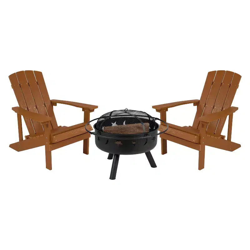 Emma and Oliver Three Piece Hartford Camping Set with Two Faux Wood Adirondack Chairs and Star and Moon Fire Pit with Mesh Cover