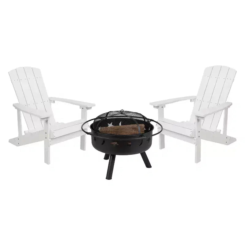 Emma and Oliver Three Piece Hartford Camping Set with Two Faux Wood Adirondack Chairs and Star and Moon Fire Pit with Mesh Cover