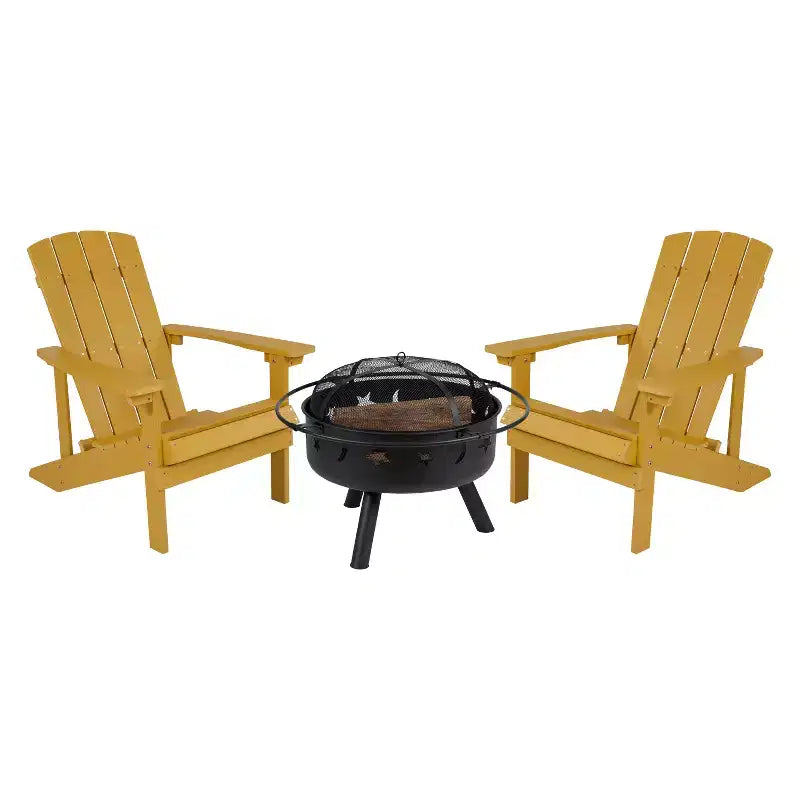 Emma and Oliver Three Piece Hartford Camping Set with Two Faux Wood Adirondack Chairs and Star and Moon Fire Pit with Mesh Cover