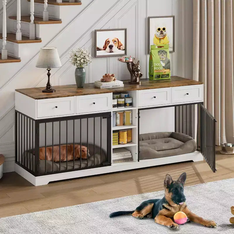 82 Double Dog Crate Furniture, Large Dog Kennel Indoor for 2 Dogs, Heavy Duty Wooden Dog Crate TV Stand with 4 Drawers and Shelves