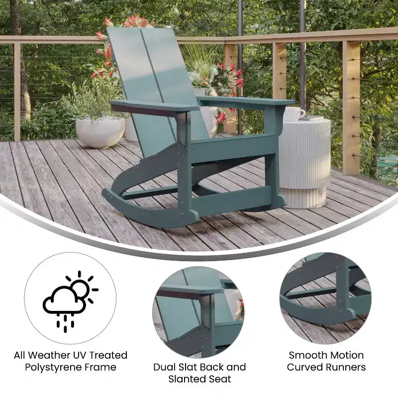 Emma and Oliver Modern All-Weather Poly Resin Adirondack Rocking Chair for Indoor/Outdoor Use