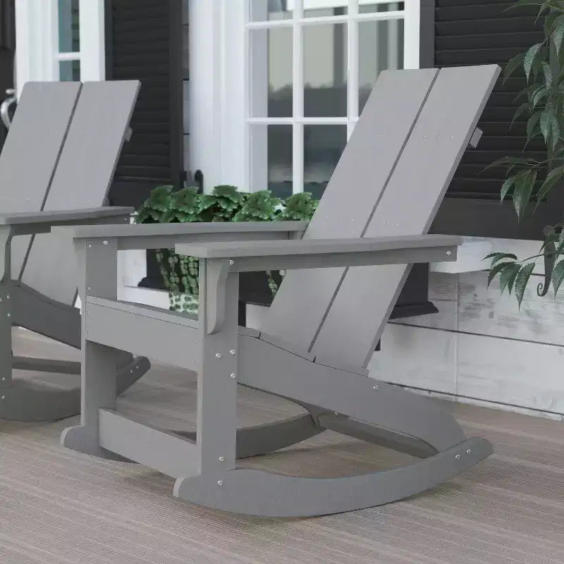 Flash Furniture Finn Modern Commercial Grade All-Weather 2-Slat Poly Resin Wood Rocking Adirondack Chair with Rust Resistant Stainless Steel Hardware