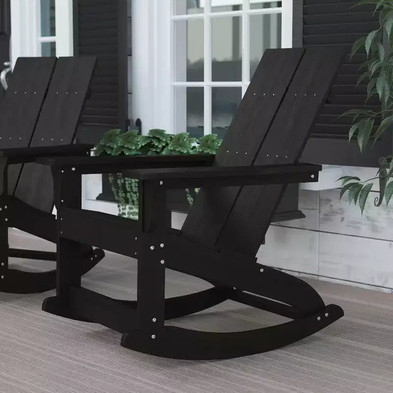 Flash Furniture Finn Modern Commercial Grade All-Weather 2-Slat Poly Resin Wood Rocking Adirondack Chair with Rust Resistant Stainless Steel Hardware