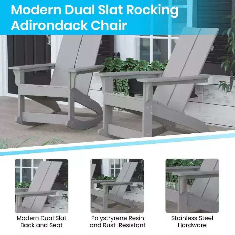 Flash Furniture Finn Modern Commercial Grade All-Weather 2-Slat Poly Resin Wood Rocking Adirondack Chair with Rust Resistant Stainless Steel Hardware