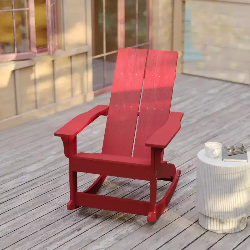 Flash Furniture Finn Modern Commercial Grade All-Weather 2-Slat Poly Resin Wood Rocking Adirondack Chair with Rust Resistant Stainless Steel Hardware