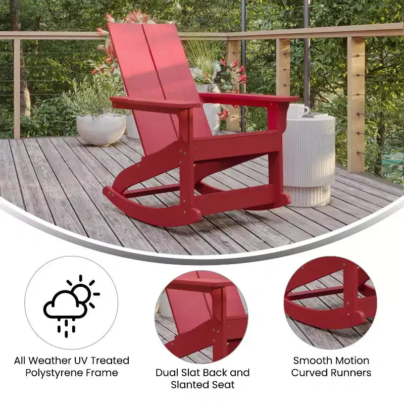 Flash Furniture Finn Modern Commercial Grade All-Weather 2-Slat Poly Resin Wood Rocking Adirondack Chair with Rust Resistant Stainless Steel Hardware