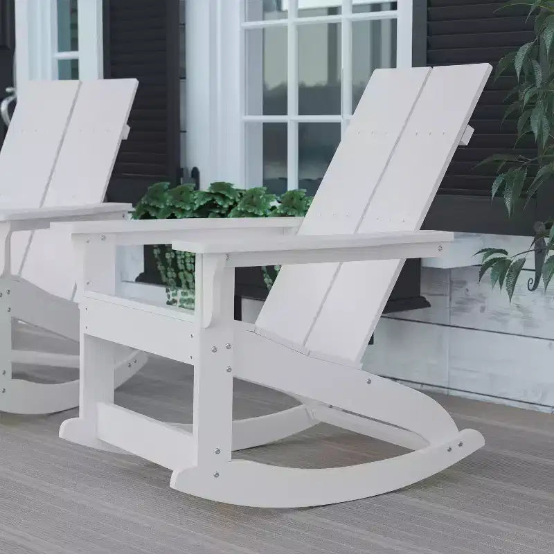 Flash Furniture Finn Modern Commercial Grade All-Weather 2-Slat Poly Resin Wood Rocking Adirondack Chair with Rust Resistant Stainless Steel Hardware