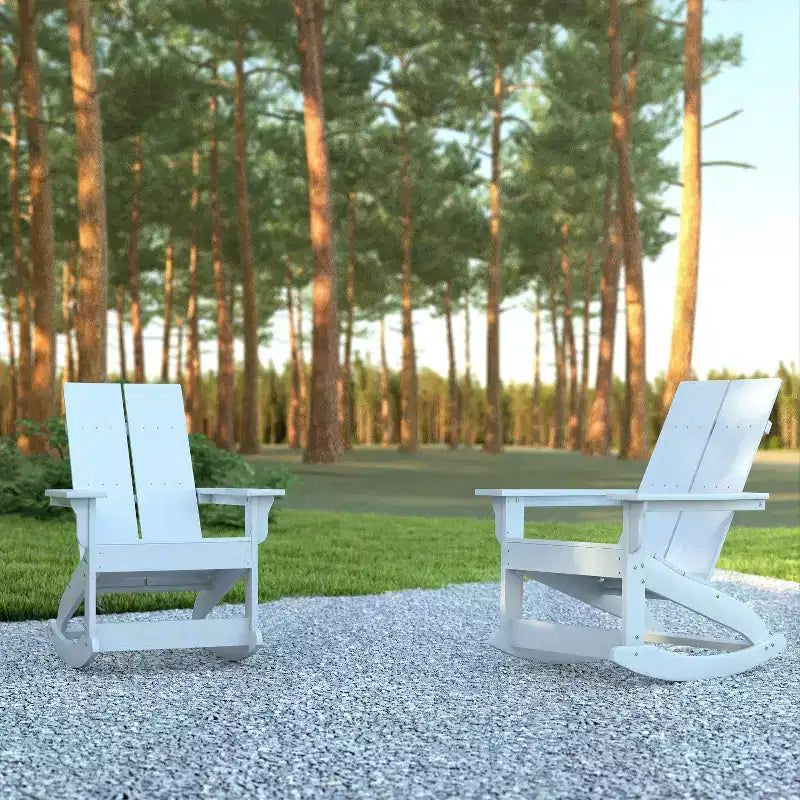 Emma and Oliver Set of 2 Modern All-Weather Poly Resin Adirondack Rocking Chairs for Indoor/Outdoor Use
