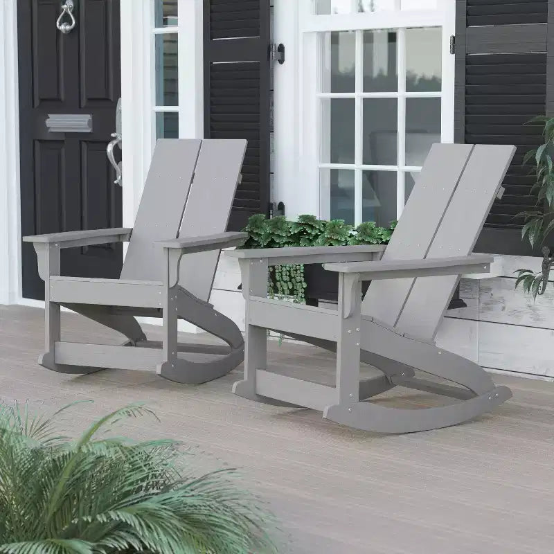 Flash Furniture Finn Modern Commercial Grade All-Weather 2-Slat Poly Resin Rocking Adirondack Chair with Rust Resistant Stainless Steel Hardware - Set of 2
