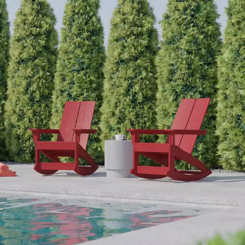 Flash Furniture Finn Modern Commercial Grade All-Weather 2-Slat Poly Resin Rocking Adirondack Chair with Rust Resistant Stainless Steel Hardware - Set of 2