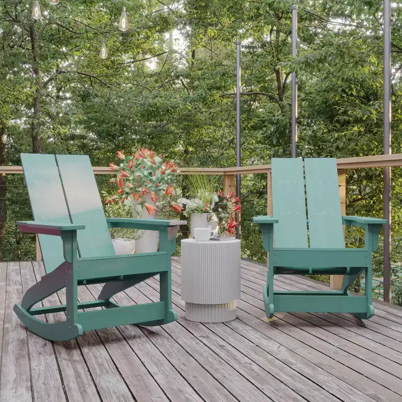 Flash Furniture Finn Modern Commercial Grade All-Weather 2-Slat Poly Resin Rocking Adirondack Chair with Rust Resistant Stainless Steel Hardware - Set of 2