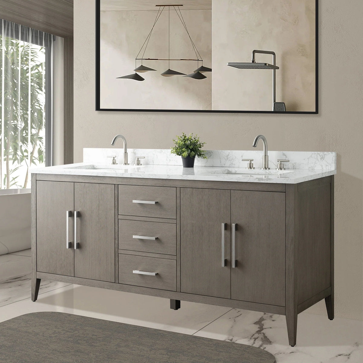 Meuble-lavabo de salle de bain Vanity Art 72 po à double vasque avec dessus en marbre reconstitué