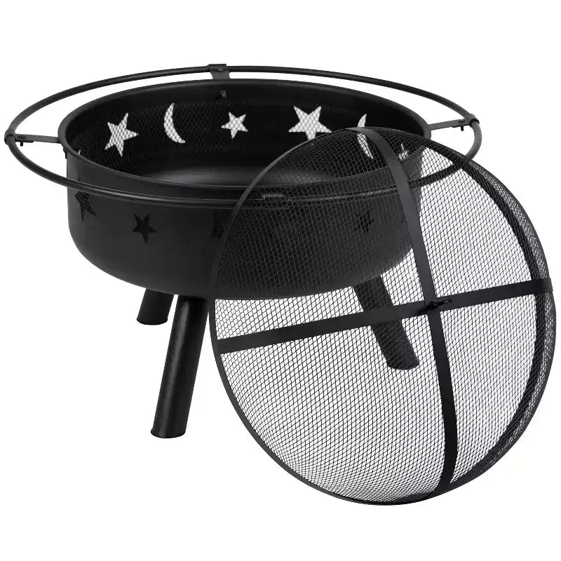 Merrick Lane Ayala 5 Piece Outdoor Leisure Set with Set of 4 Poly Resin Adirondack Chairs and Star and Moon Iron Fire Pit