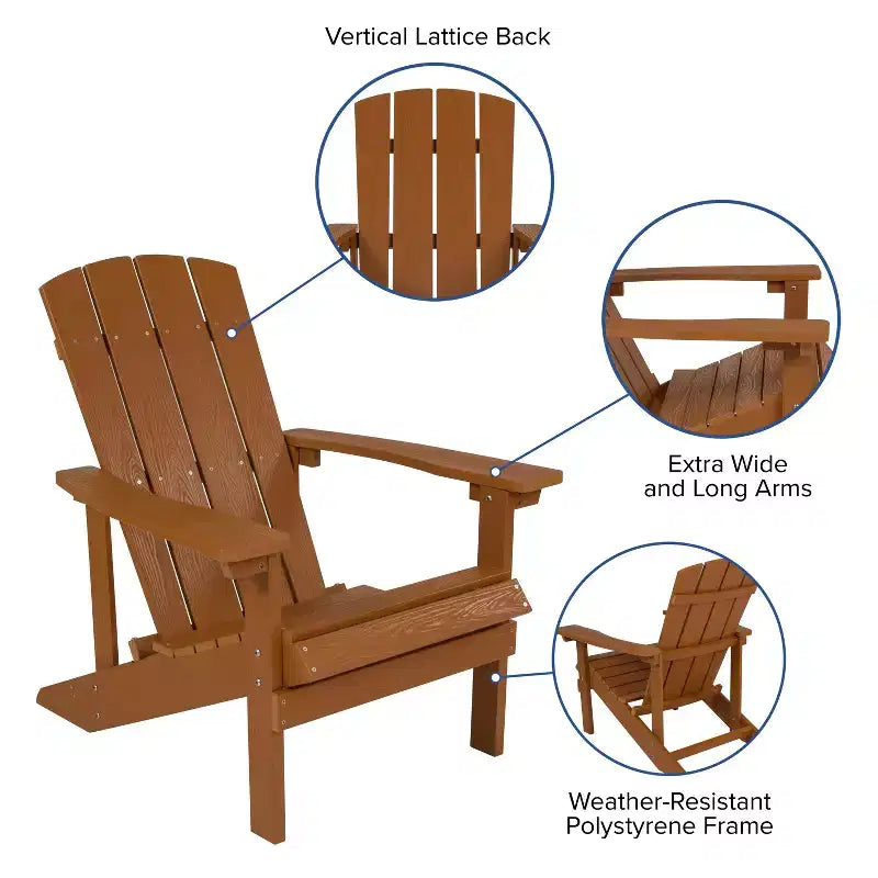 Merrick Lane Ayala 5 Piece Outdoor Leisure Set with Set of 4 Poly Resin Adirondack Chairs and Star and Moon Iron Fire Pit