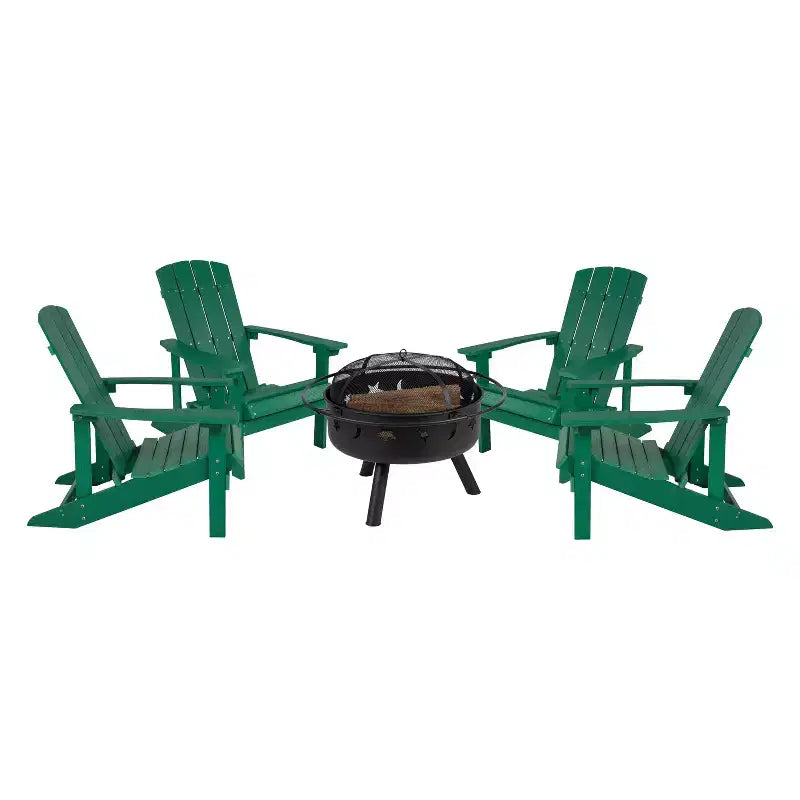 Merrick Lane Ayala 5 Piece Outdoor Leisure Set with Set of 4 Poly Resin Adirondack Chairs and Star and Moon Iron Fire Pit