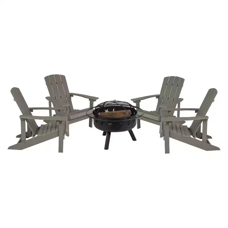 Merrick Lane Ayala 5 Piece Outdoor Leisure Set with Set of 4 Poly Resin Adirondack Chairs and Star and Moon Iron Fire Pit