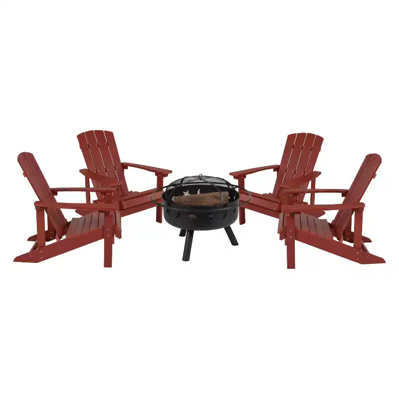 Merrick Lane Ayala 5 Piece Outdoor Leisure Set with Set of 4 Poly Resin Adirondack Chairs and Star and Moon Iron Fire Pit