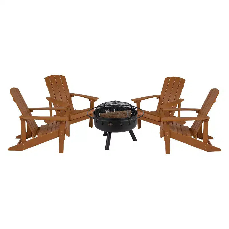 Merrick Lane Ayala 5 Piece Outdoor Leisure Set with Set of 4 Poly Resin Adirondack Chairs and Star and Moon Iron Fire Pit