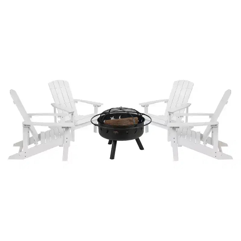 Merrick Lane Ayala 5 Piece Outdoor Leisure Set with Set of 4 Poly Resin Adirondack Chairs and Star and Moon Iron Fire Pit