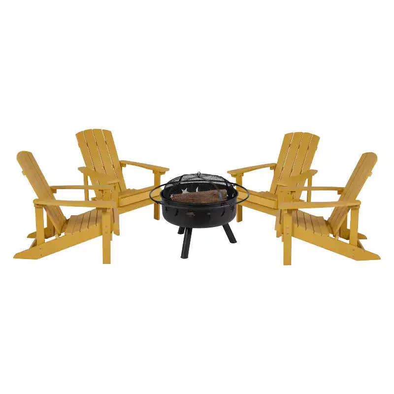 Merrick Lane Ayala 5 Piece Outdoor Leisure Set with Set of 4 Poly Resin Adirondack Chairs and Star and Moon Iron Fire Pit