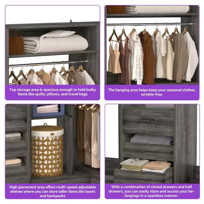Besiost Set of 3 Corner Closet System with Tower Shelves and Drawers, Freestanding Closet Organizer with Hanging Rods