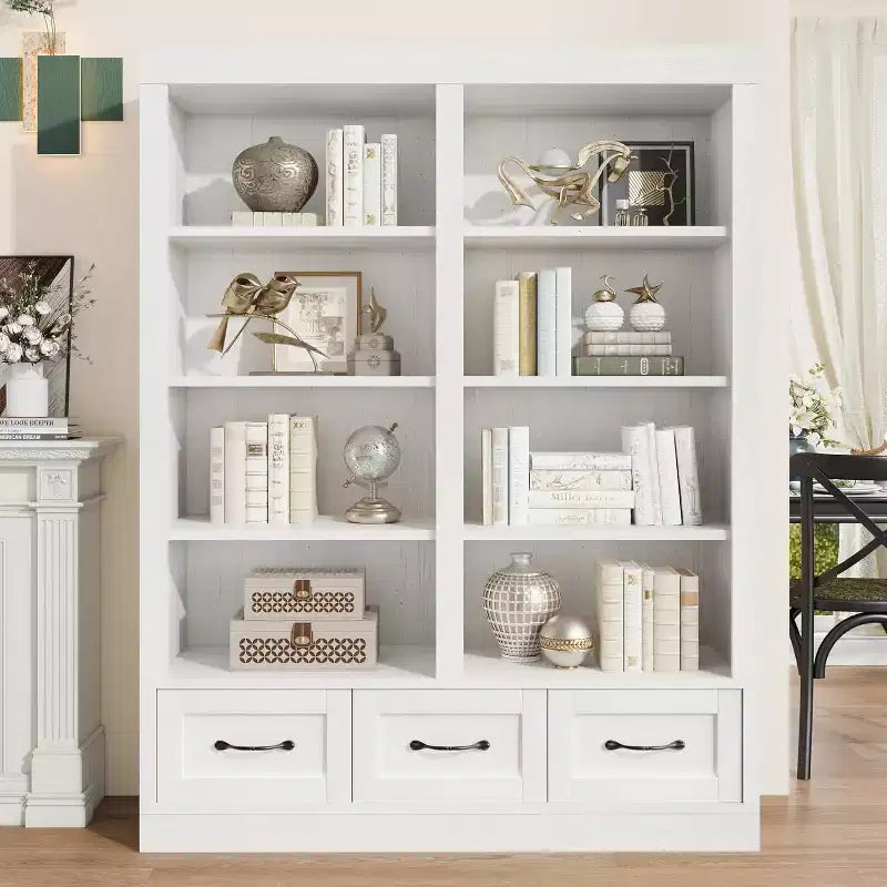 Bibliothèque et étagères de 64 H, étagère avec 3 tiroirs de rangement, étagère ouverte à 4 niveaux double largeur pour bureau salon