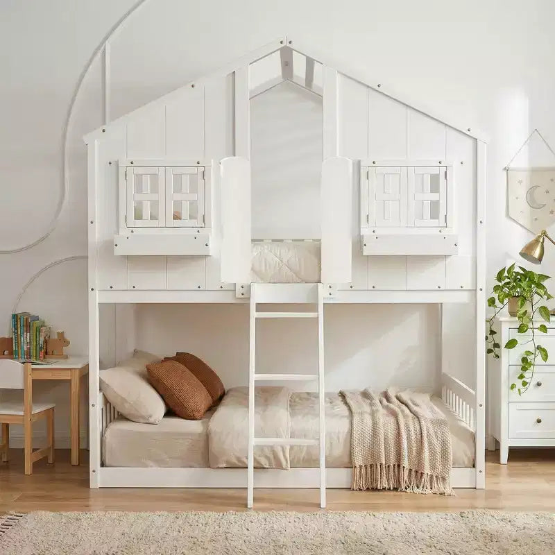 Twin Size House-Shaped Loft Bed, Wood Playhouse Loft Bed with Ladder & Guardrails for Kids