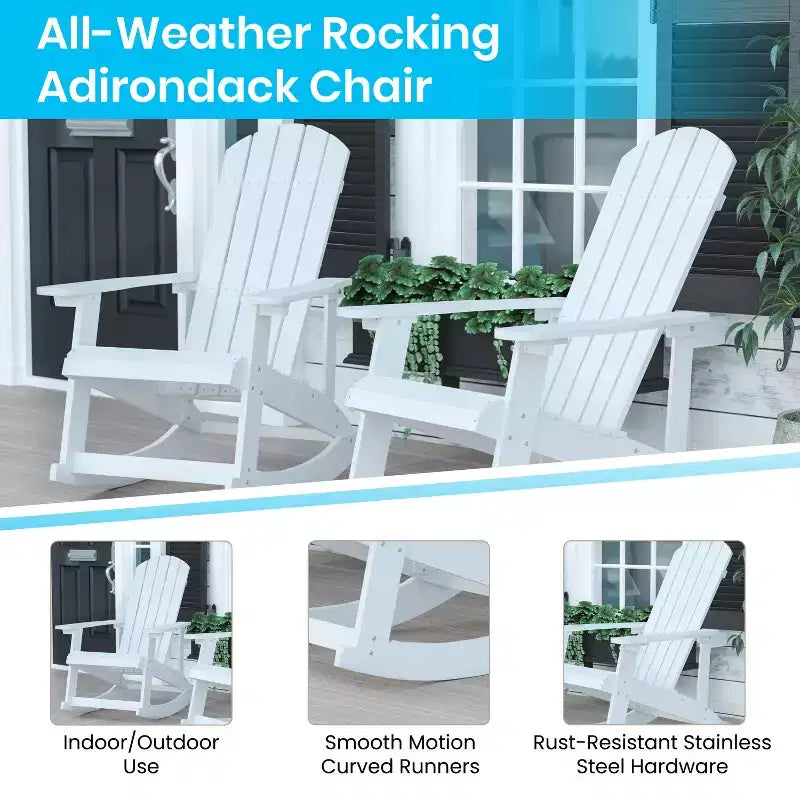 Flash Furniture Set of 2 Savannah All-Weather Poly Resin Wood Adirondack Rocking Chairs with Side Table