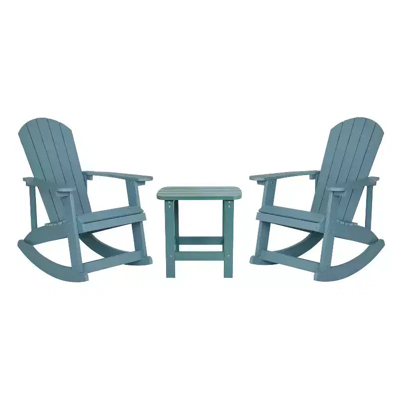 Flash Furniture Set of 2 Savannah All-Weather Poly Resin Wood Adirondack Rocking Chairs with Side Table