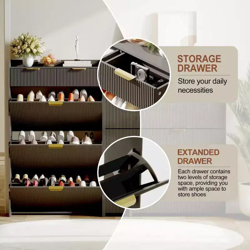 Modern White Shoe Cabinet with 3 Flip Drawers & 2 Small Drawers & Hook, Slim Fluted Shoe Storage Organizer, Narrow Entryway Cabinet