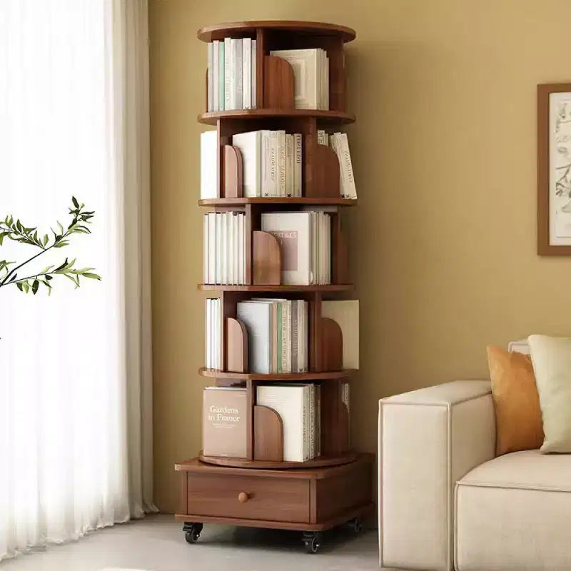 Chic Crate 6-Tier 360 Rotating Corner Bookshelf with Wheels, Narrow Bookcase for Small Spaces  Walnut Brown