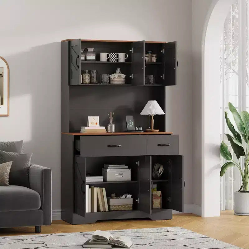Meuble de cuisine de 71 pouces avec station de recharge, grand plan de travail, support à micro-ondes et 2 tiroirs, rangement de type « hutch » pour salle à manger et salon