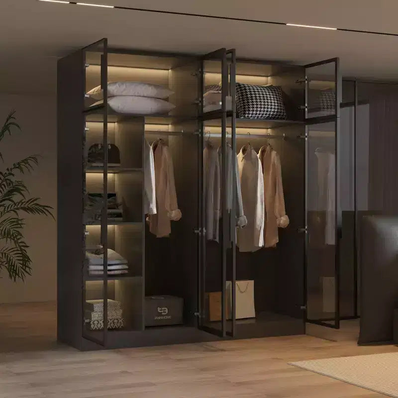 Hitow Pure Black Luxury Armoire with Tempered Glass Doors 3-Color LED Wardrobe Floor-to-Ceiling Bedroom Closet Organizer Dressing Room Closet