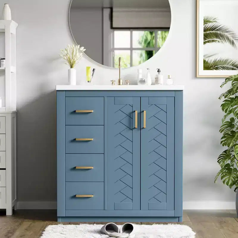 Meuble-lavabo de salle de bain à évier simple de 76 cm avec armoire et 3 tiroirs – Noir / Bleu / Vert / Indigo / Blanc