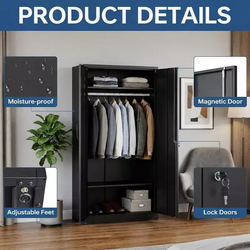 72in Heavy Duty Steel Wardrobe Cabinet with Lock, Metal Garage Storage Cabinets, Metal Cabinet Storage for Home, Bedroom, Office, Closet