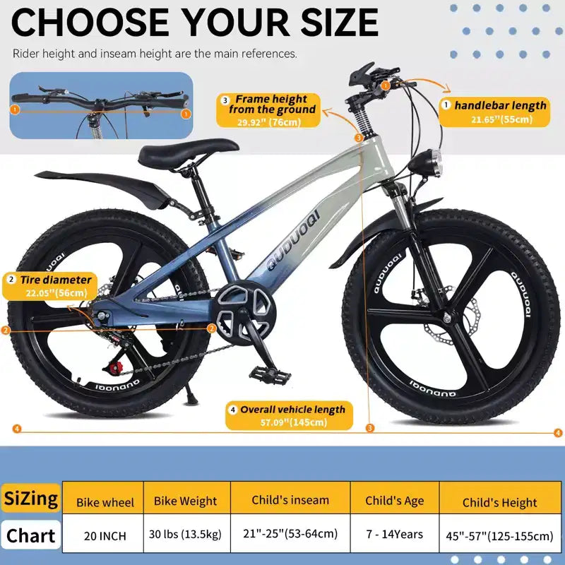 NAYSAYE 20 Inch Kids Mountain Bike with 7-Speed Drivetrain and Magnesium Alloy Frame for Boys and Girls Ages 8-12, 57.09*21.65*29.92